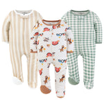 Cozy Farm Footed Baby Sleepers for Boys and Girls, 3-Pack