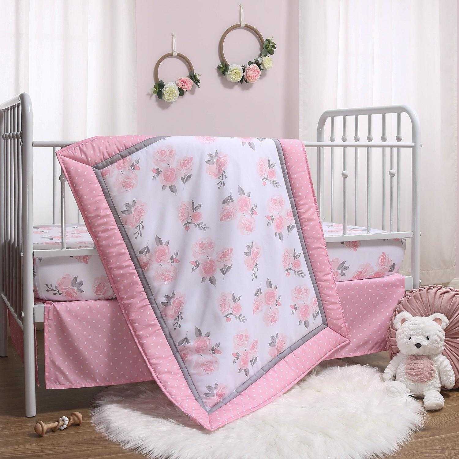 Pink Floral 3-Piece Crib Bedding Set, Pink, Grey, and White