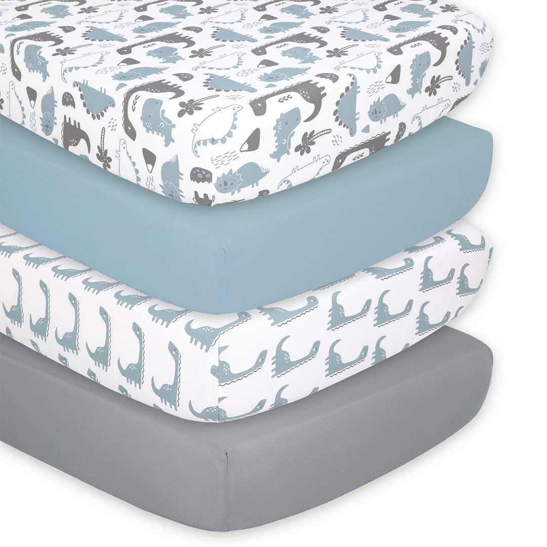 Dinosaur 4-Pack Fitted Crib Sheet Set, Blues and Grays