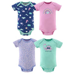 Dino Girl 4-Pack Bodysuits, Pink, Aqua, Lilac, and Navy