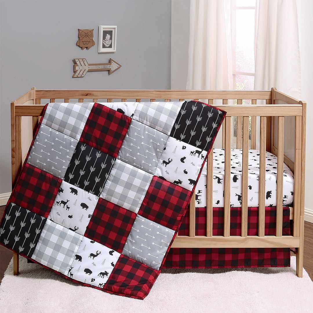 Buffalo Plaid 3-Piece Crib Bedding Set, Red and Grey Plaid