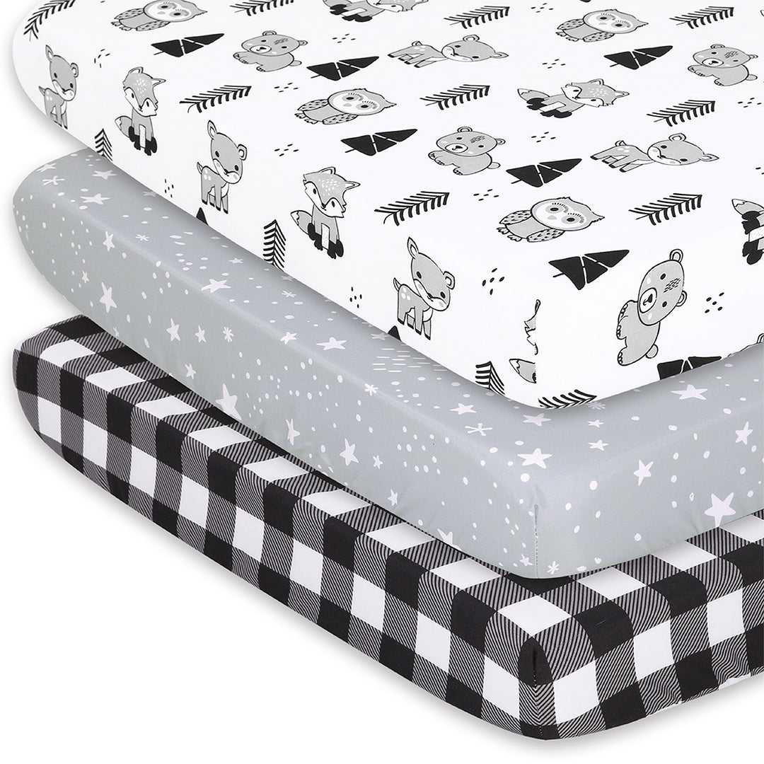 Woodland Playard Mini Crib Sheets, 3-Pack, Black and White