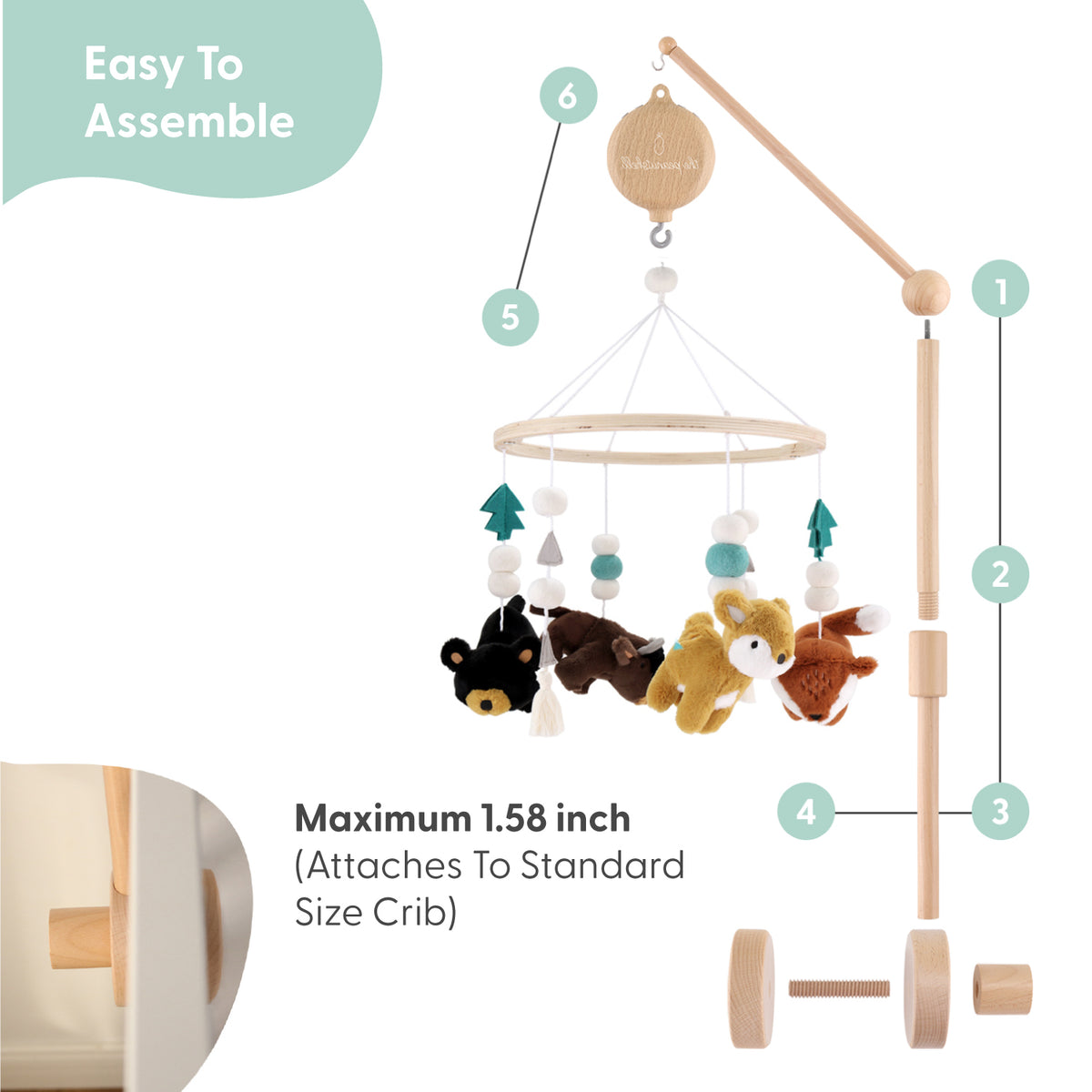 The image is a detailed diagram of a mobile crib with a hanging toy, including the maximum height of 1.58 inches and the maximum weight of 3 pounds.