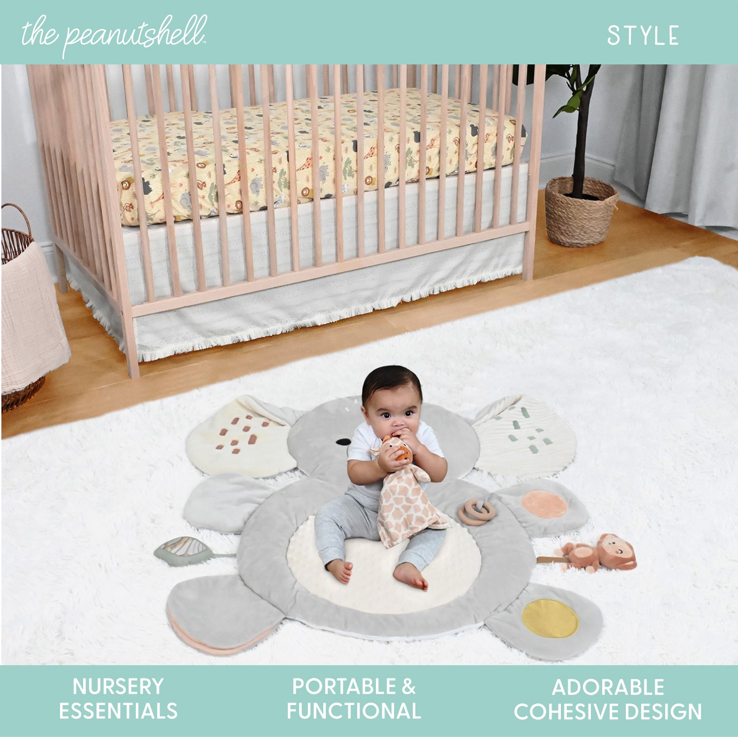 Elephant Safari Crib Bedding, Tummy Time Mat & Security Blanket Set, Elephant Nursery Decor, 4pc Farallon Brands
