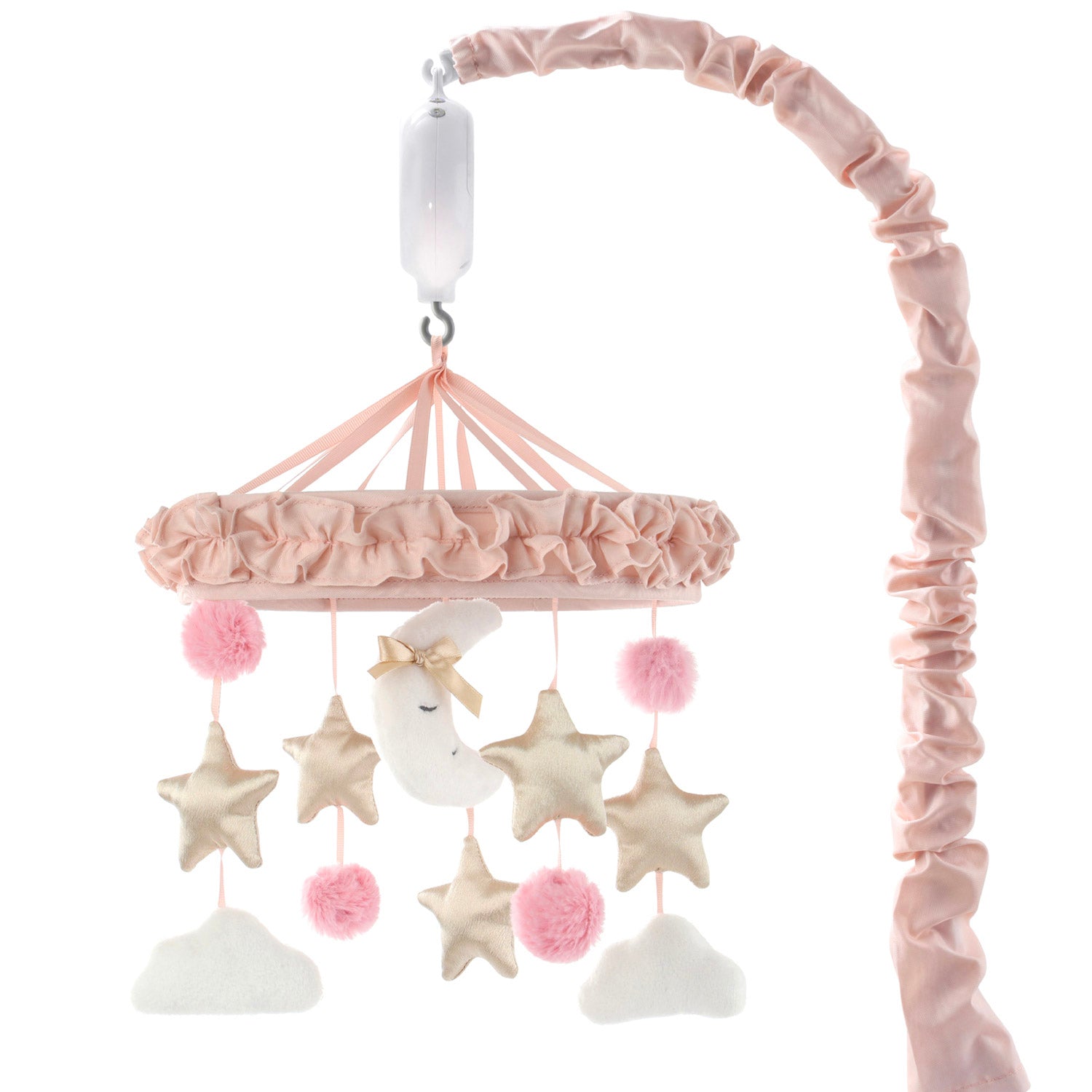 Pink baby mobile with stars, clouds, and pom-poms on a white background