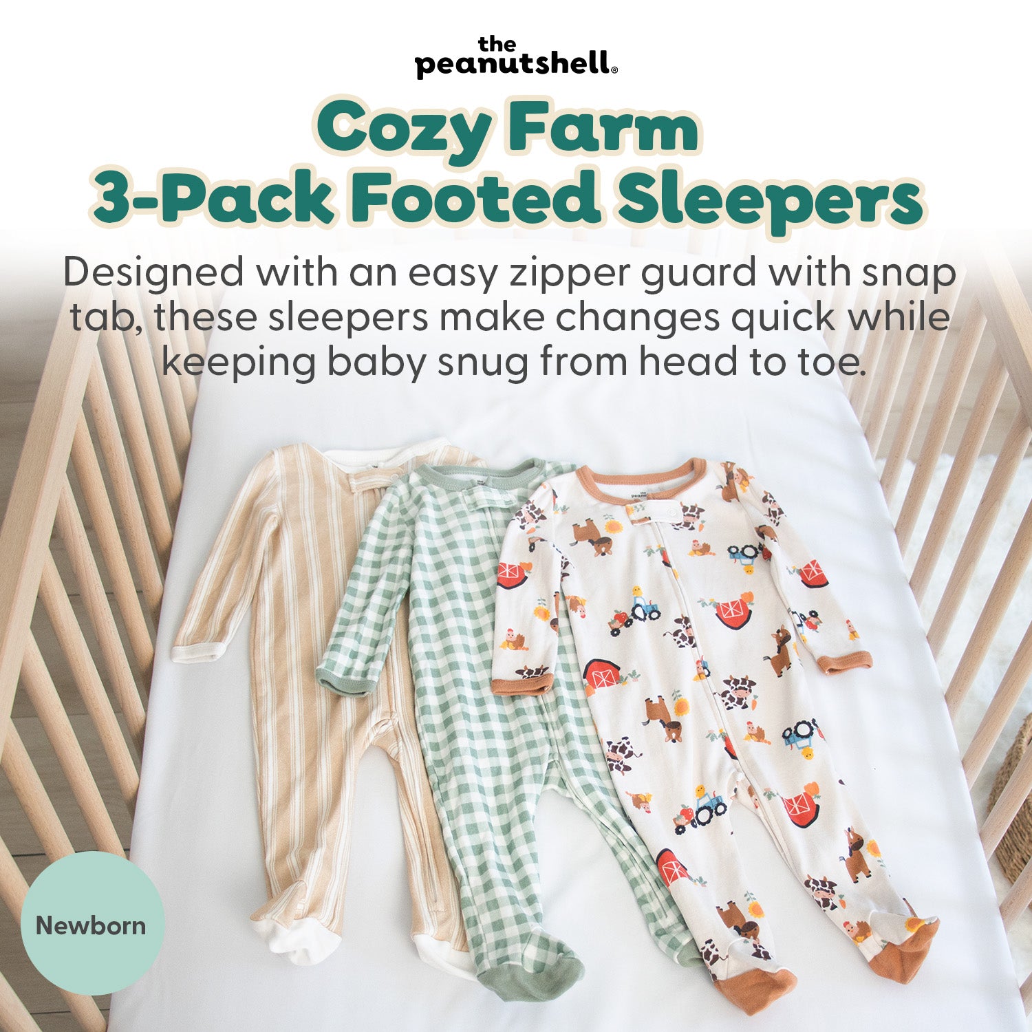Cozy Farm Footed Baby Sleepers for Boys and Girls, 3-Pack