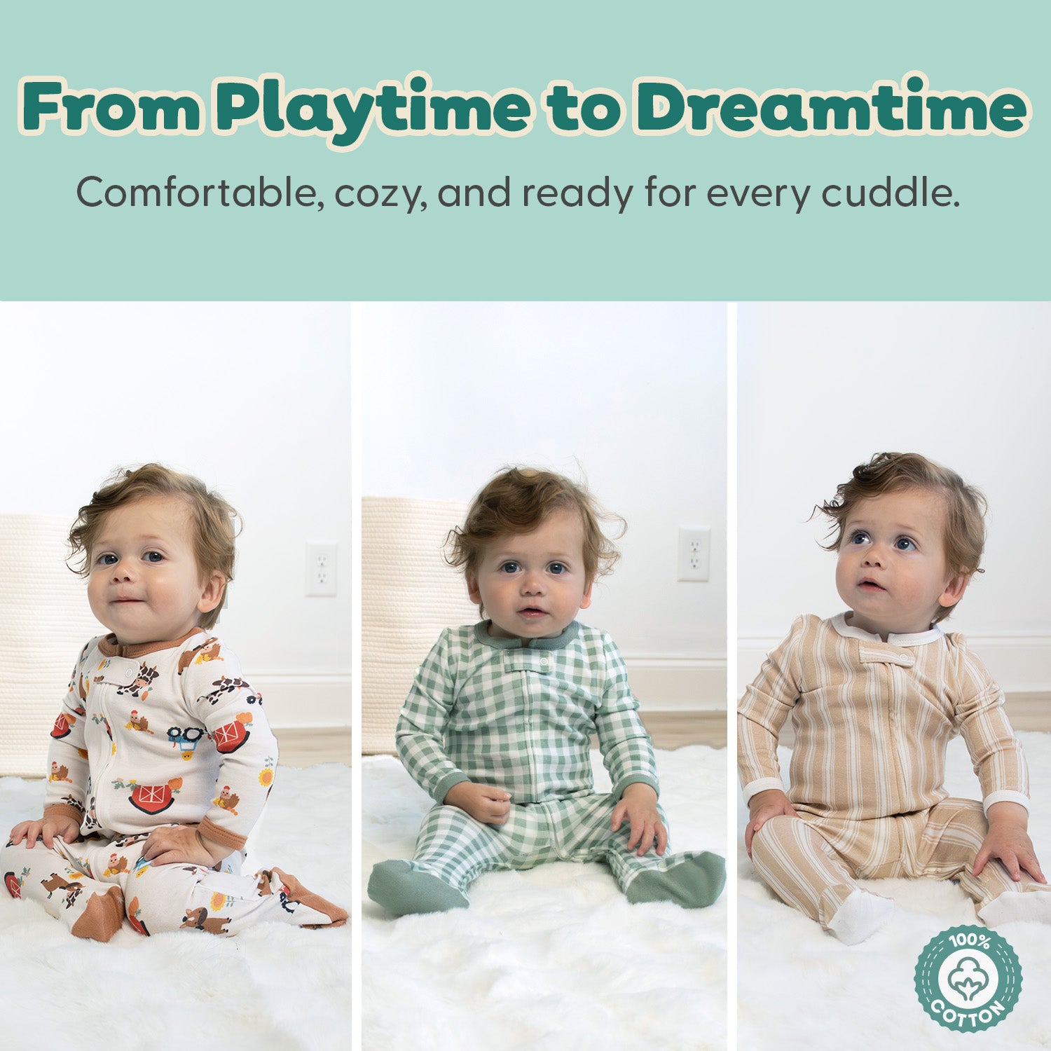 Cozy Farm Footed Baby Sleepers for Boys and Girls, 3-Pack