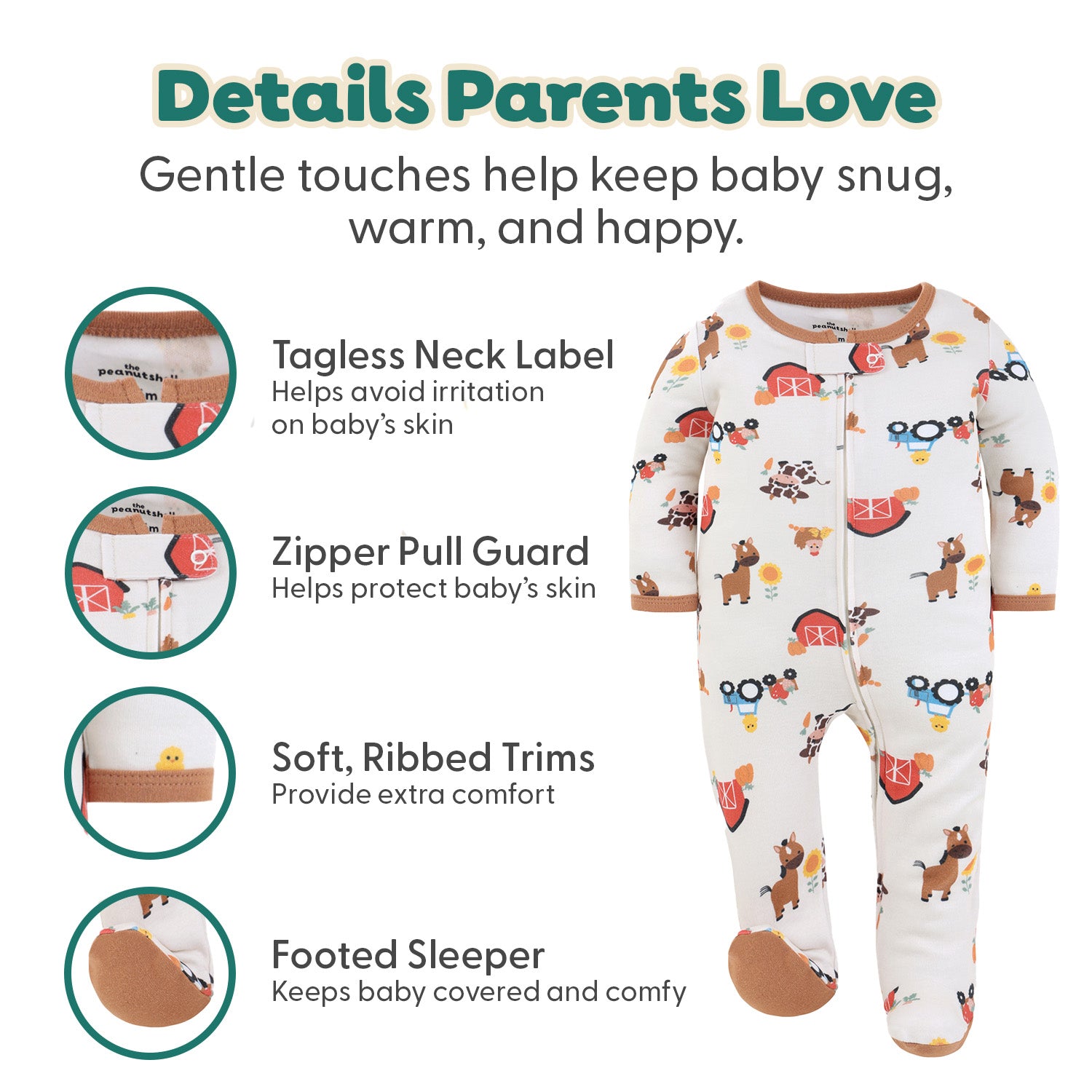 Cozy Farm Footed Baby Sleepers for Boys and Girls, 3-Pack