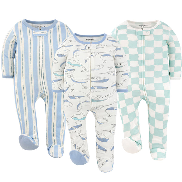 Soft Nautical Footed Baby Sleepers for Boys and Girls, 3-Pack