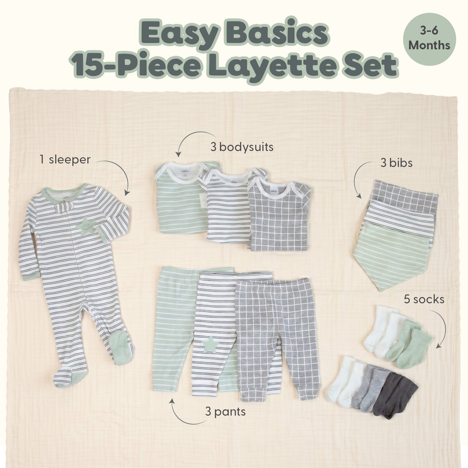 Easy Basics 15-Piece Baby Girl Clothes Set, 0-3 Months