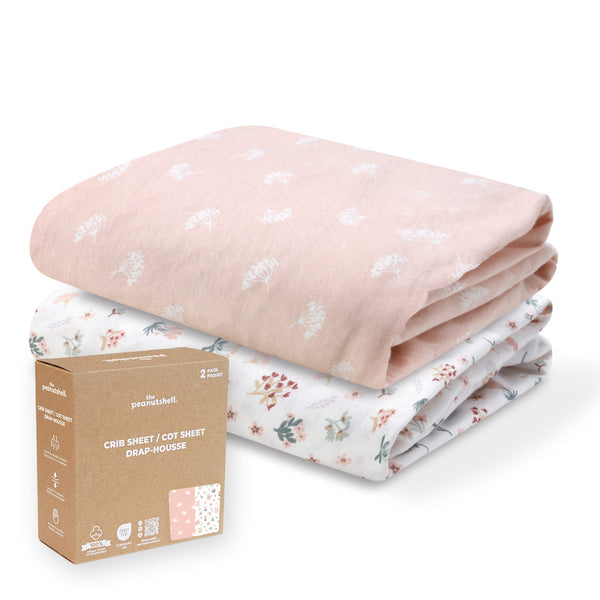 Pink Bouquet, Field Floral Organic Cotton Crib Sheets for Baby Girls, 2-Pack