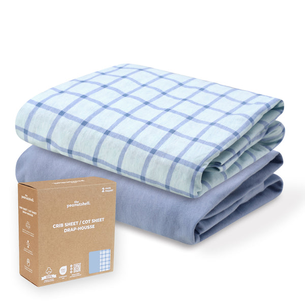 Blue Windowpane, Solid Organic Cotton Crib Sheets for Baby Boys, 2-Pack