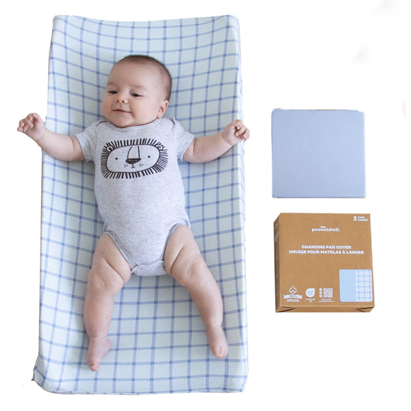 Blue Windowpane, Solid Organic Cotton Changing Pad Covers for Baby Boys, 2-Pack
