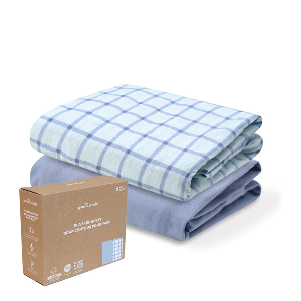 Blue Windowpane, Solid Organic Cotton Playard Mini Crib Sheets for Baby Boys, 2-Pack