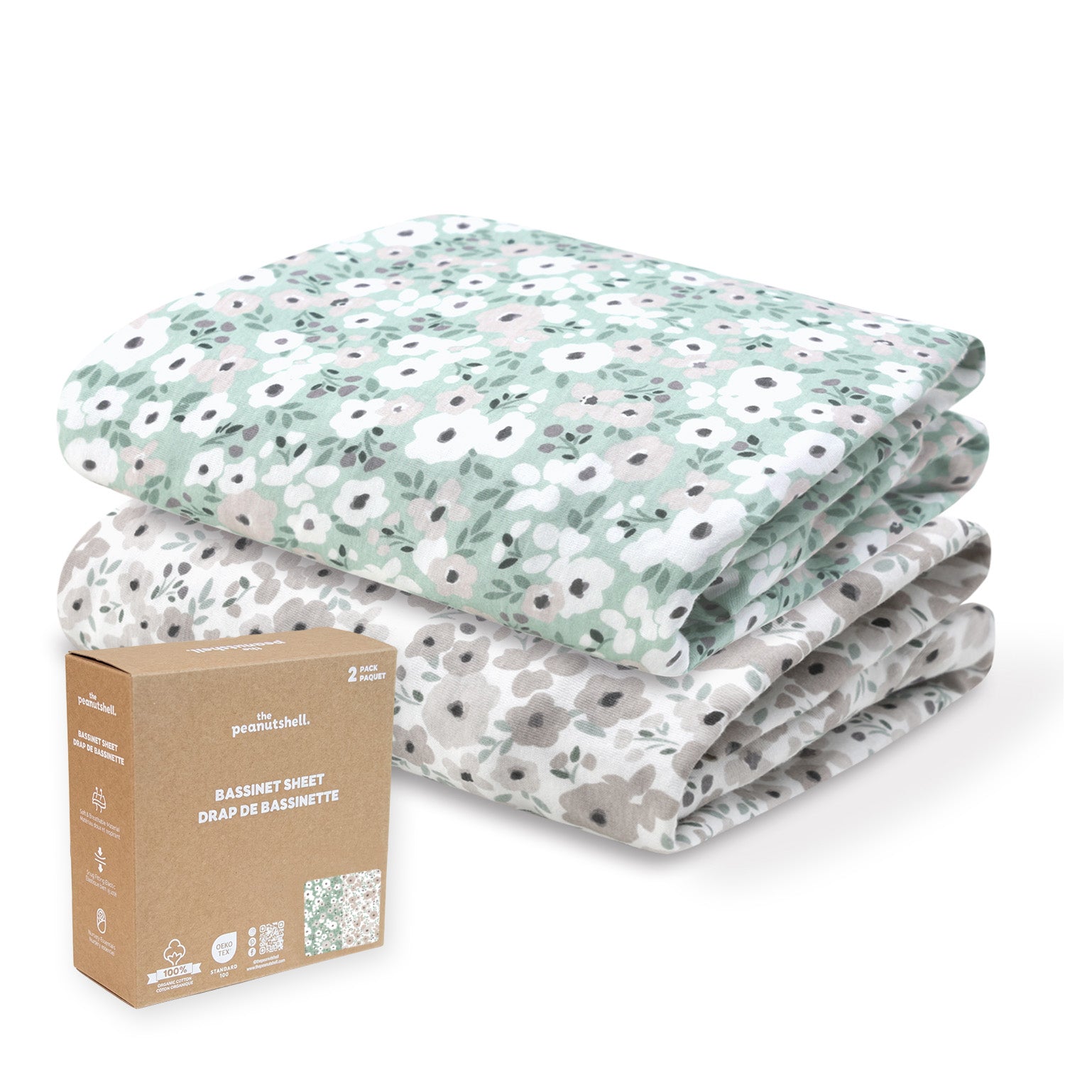 Sage, Taupe Floral Organic Cotton Bassinet Sheets for Baby Girls, 2-Pack