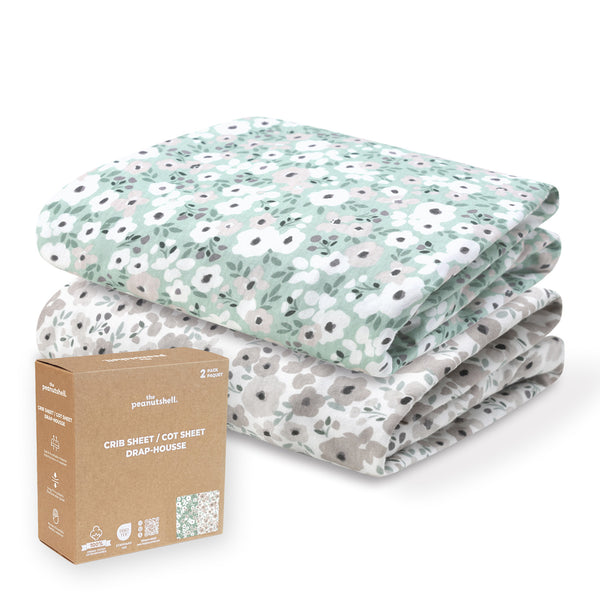 Sage, Taupe Floral Organic Cotton Crib Sheets for Baby Girls, 2-Pack