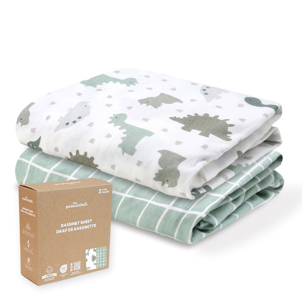 Sage Dino, Windowpane Organic Cotton Bassinet Sheets for Baby Boys, 2-Pack