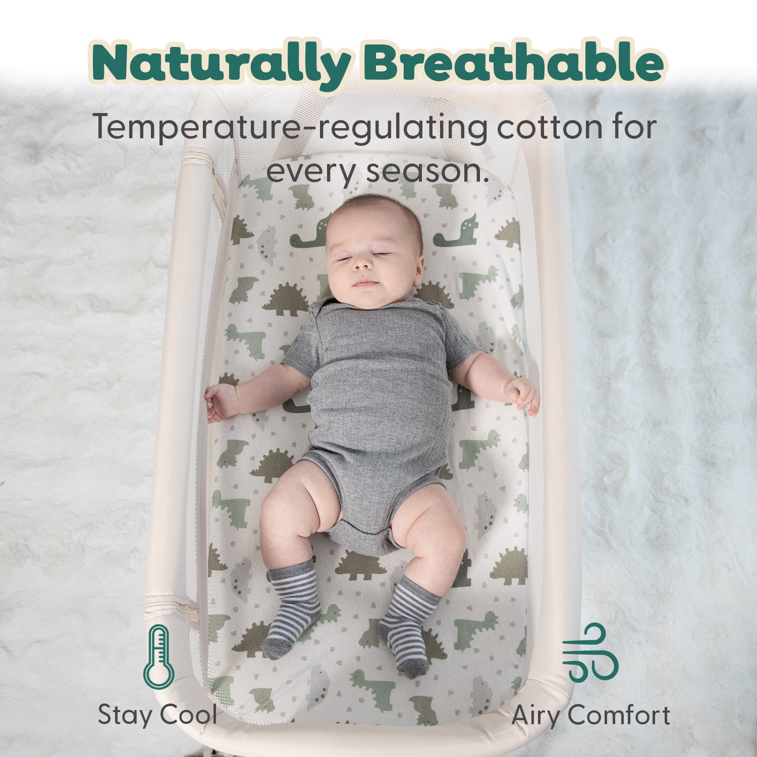 Sage Dino, Windowpane Organic Cotton Bassinet Sheets for Baby Boys, 2-Pack
