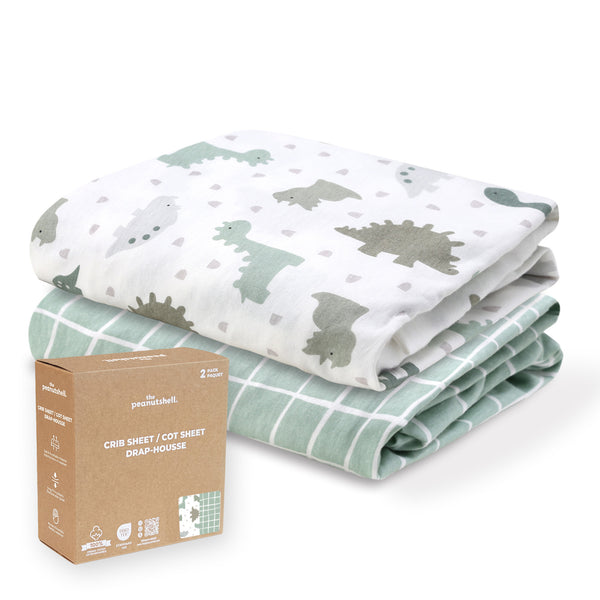 Sage Dino, Windowpane Organic Cotton Crib Sheets for Baby Boys, 2-Pack