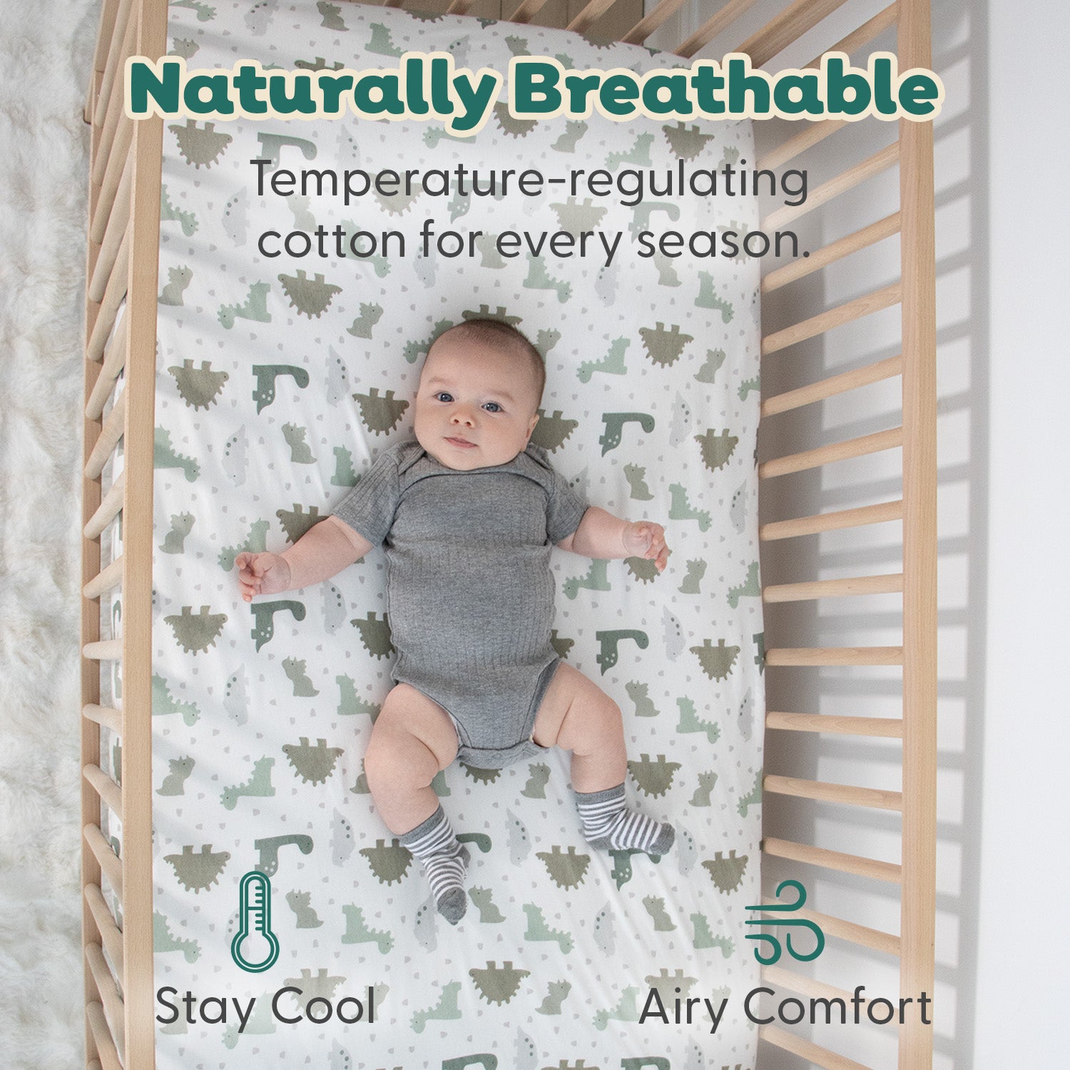 Sage Dino, Windowpane Organic Cotton Crib Sheets for Baby Boys, 2-Pack