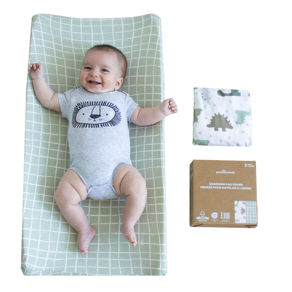 Sage Dino, Windowpane Organic Cotton Changing Pad Covers for Baby Boys, 2-Pack