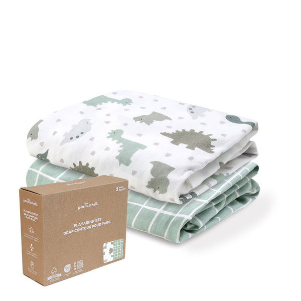 Sage Dino, Windowpane Organic Cotton Playard Sheets for Baby Boys, 2-Pack