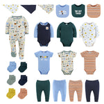 Collection of baby clothing items including onesies, bodysuits, pants, and bibs on a white background.