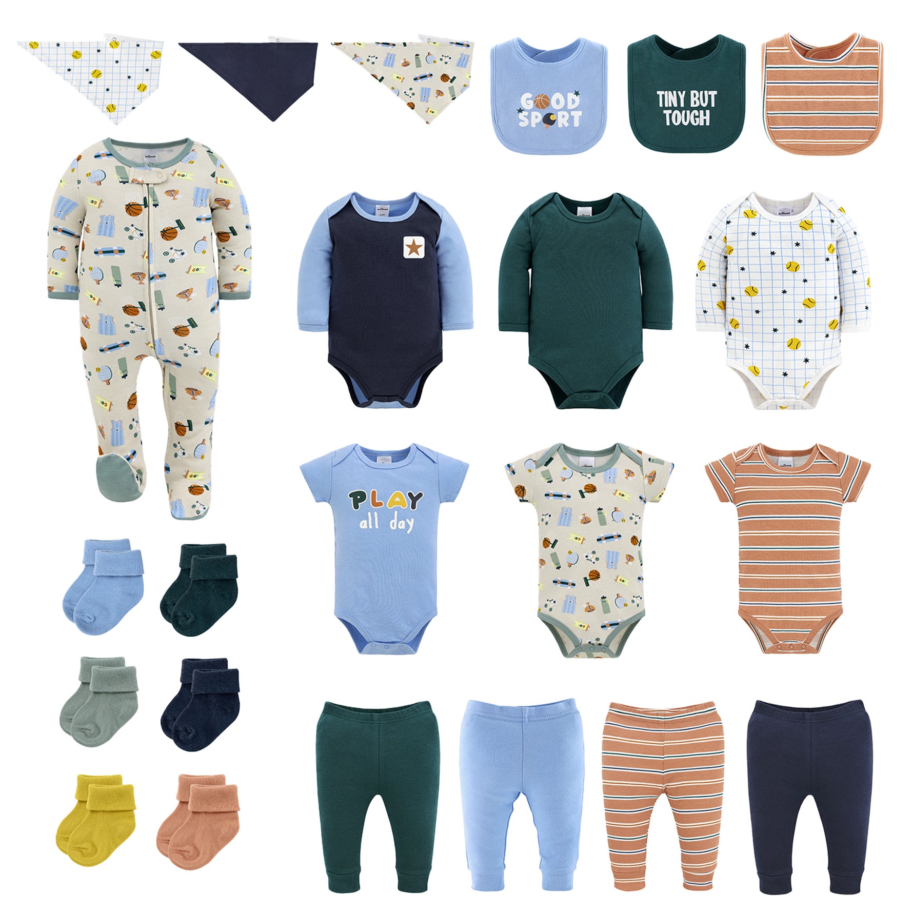 Collection of baby clothing items including onesies, bodysuits, pants, and bibs on a white background.