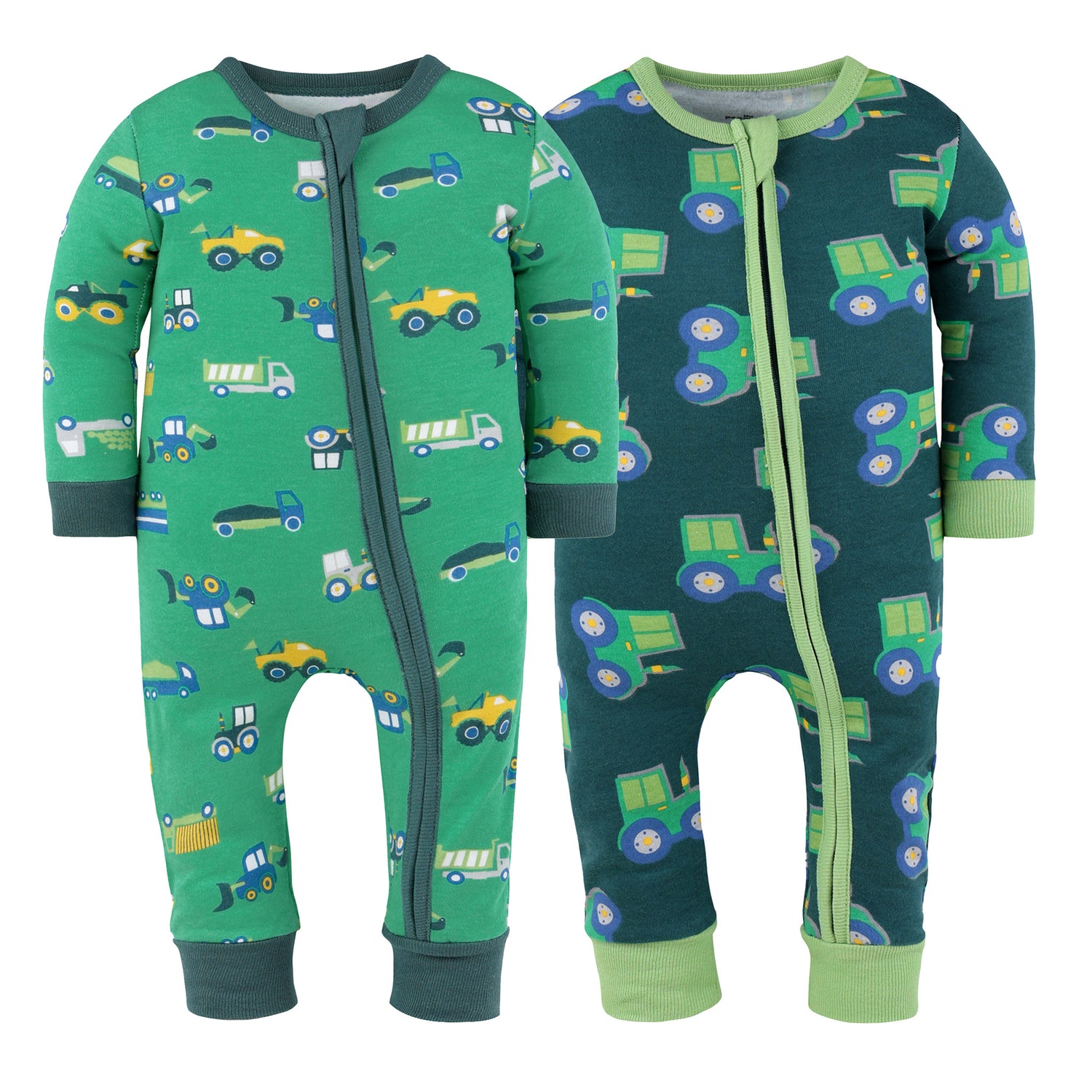 Two green baby rompers with vehicle patterns on a white background