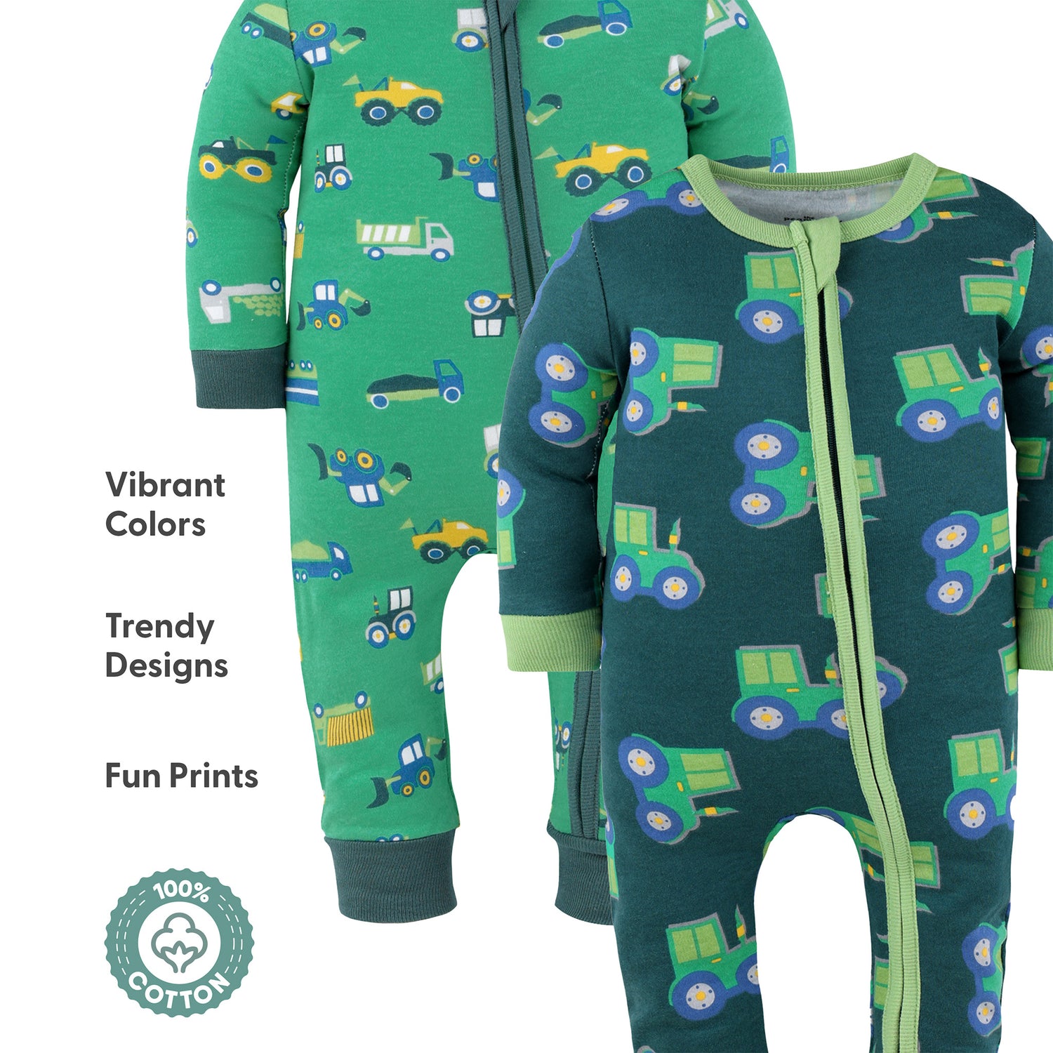 Trucks & Tractors Cotton Footless Sleepers for Boys, 2 Pack