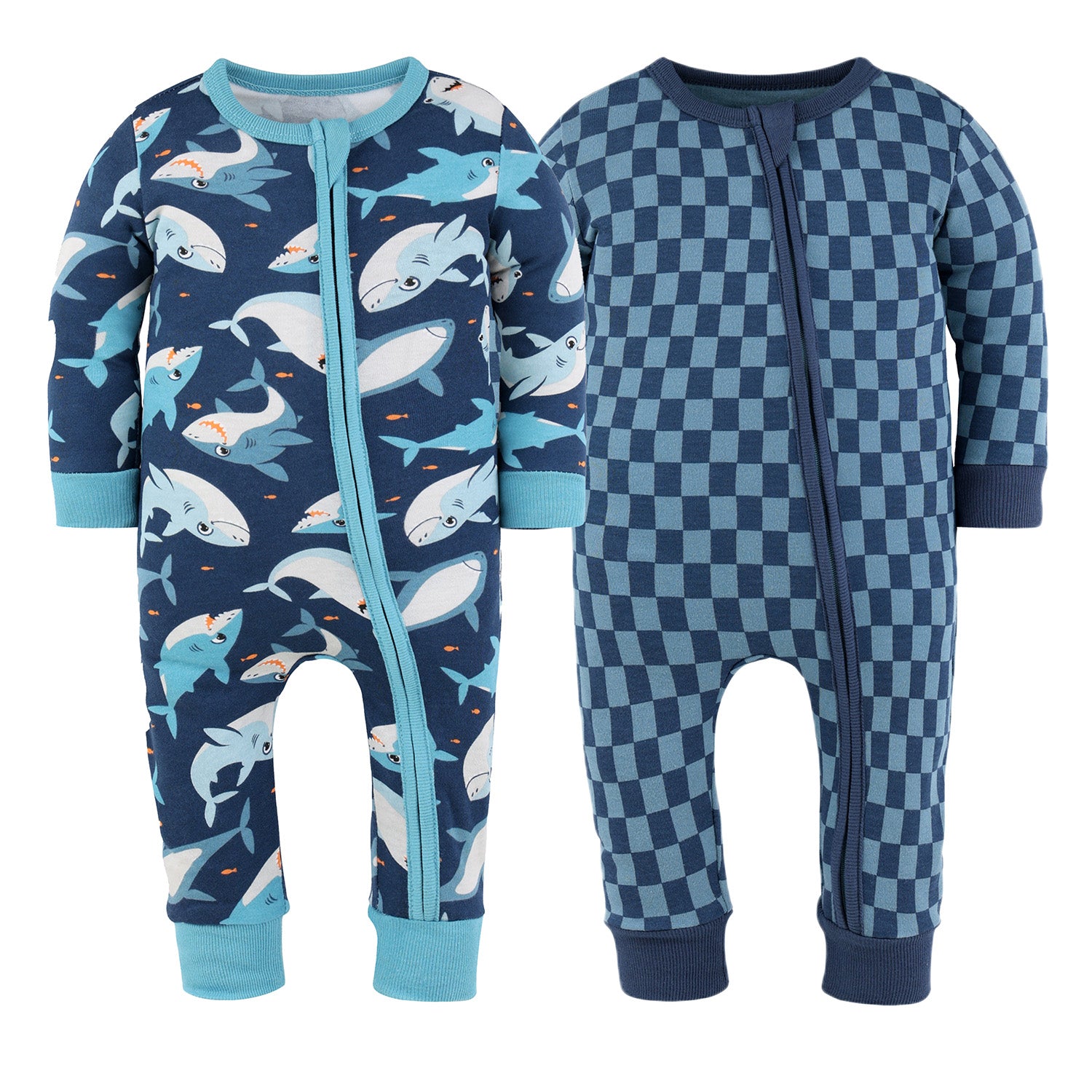 Blue Checker & Happy Shark Cotton Footless Sleepers for Boys, 2 Pack