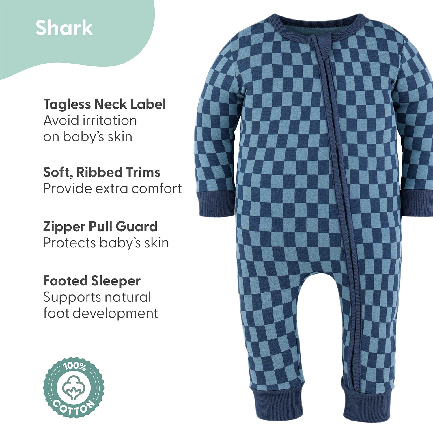 Blue Checker & Happy Shark Cotton Footless Sleepers for Boys, 2 Pack