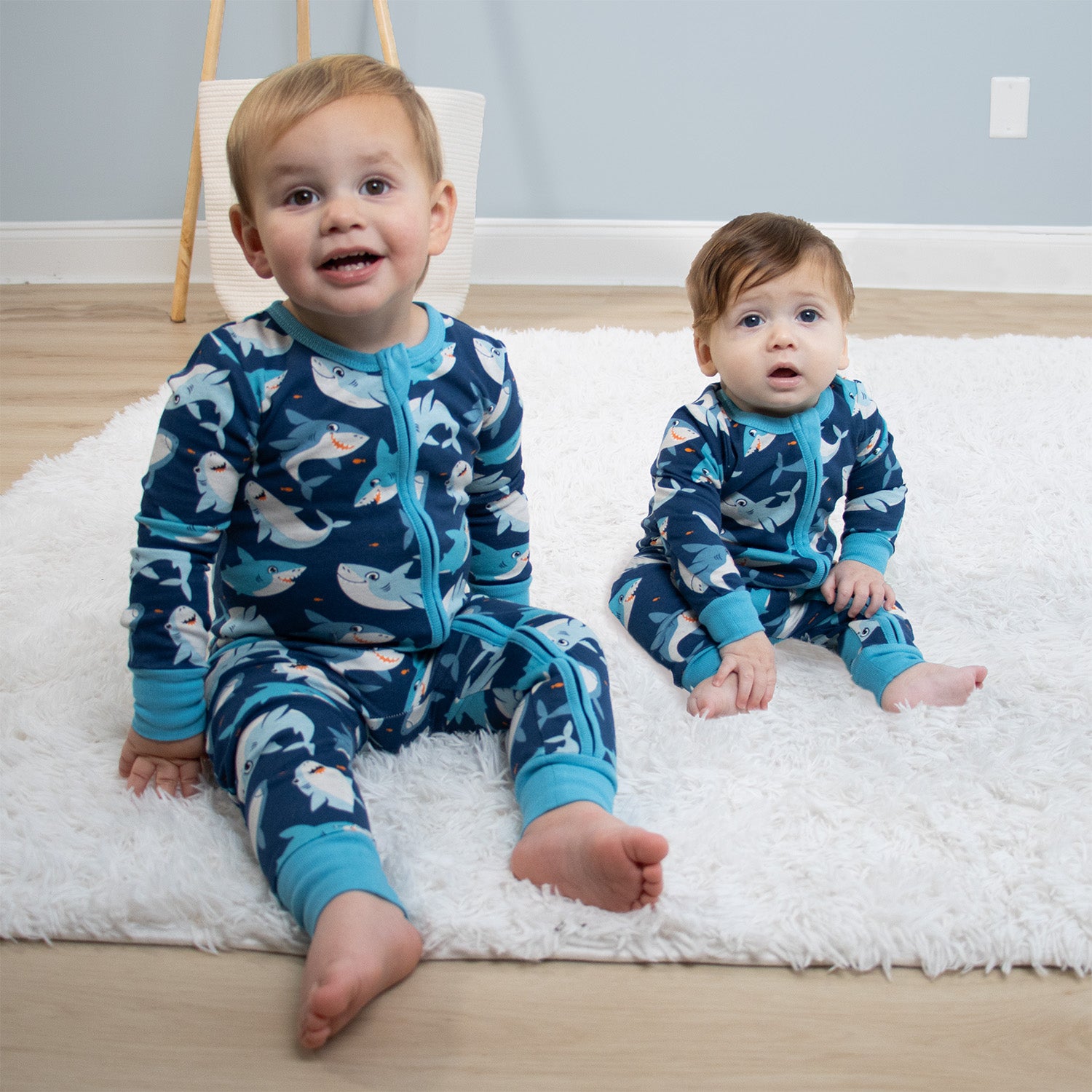 Blue Checker & Happy Shark Cotton Footless Sleepers for Boys, 2 Pack