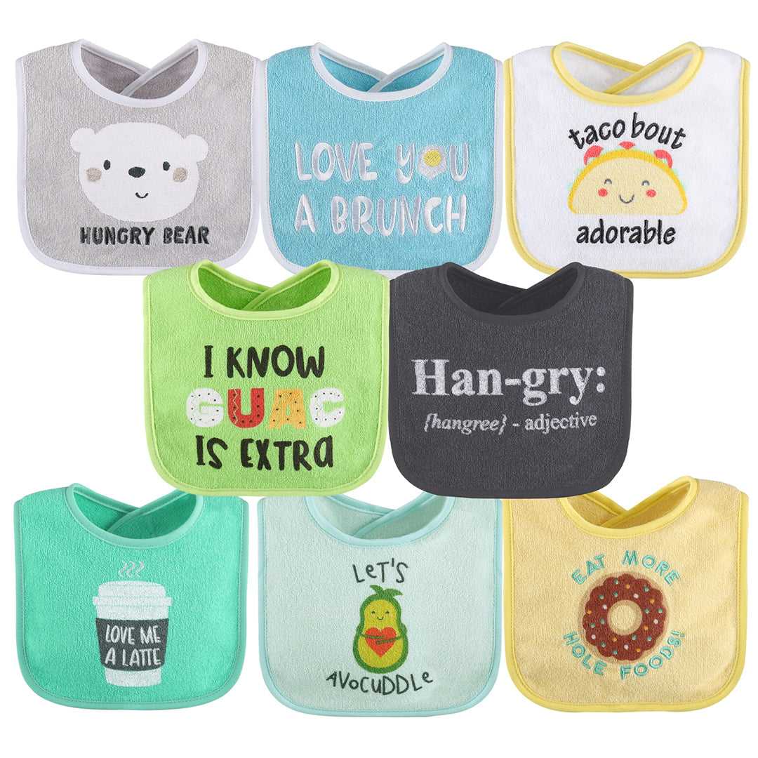 Han-Gry Green, Blue, Yellow Baby Boy or Girl Bibs 8-Pack