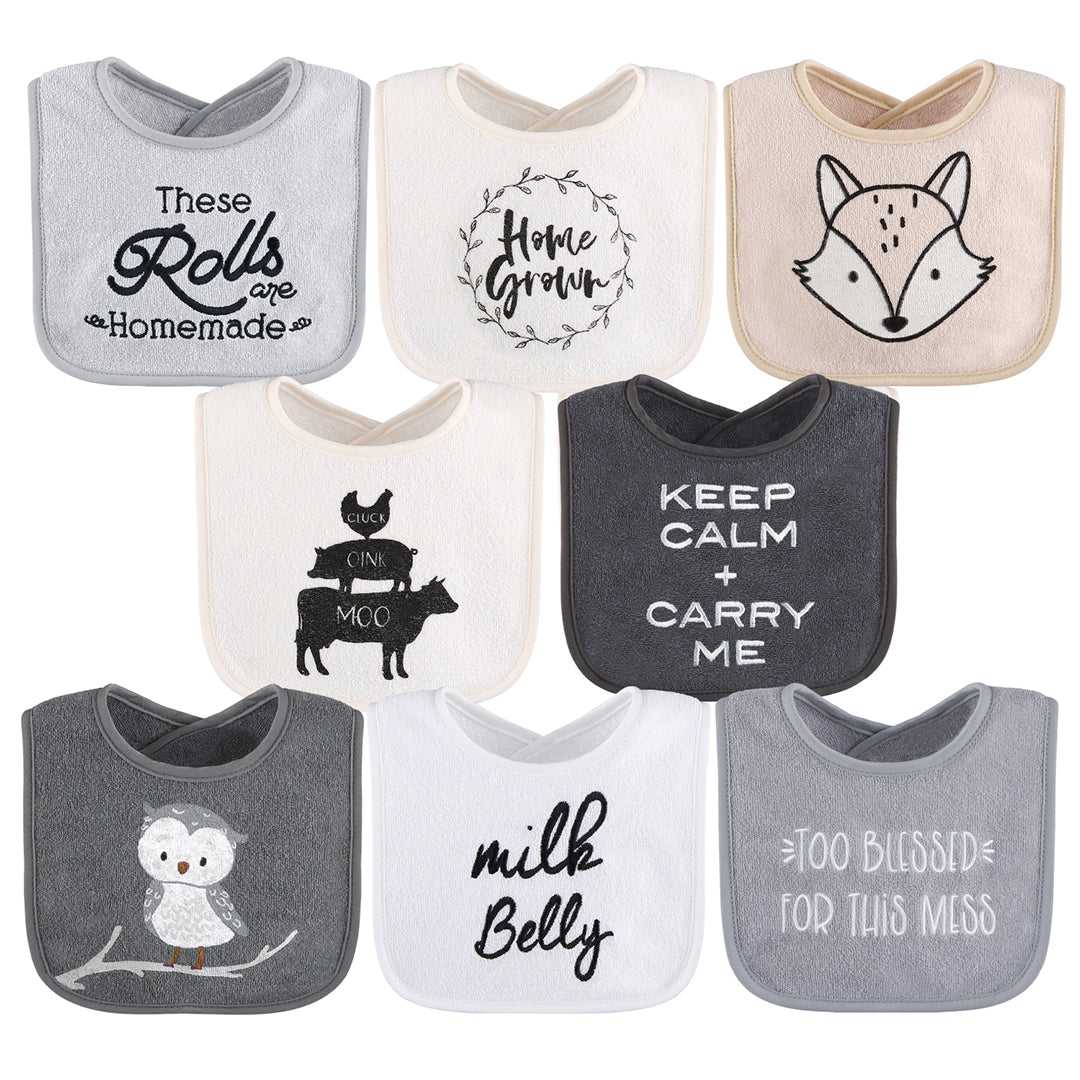 Cotton Baby Bibs, 8 Pack, Grey, Black, White