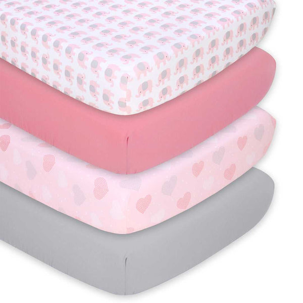 Pink Elephants 4-Pack Baby Girl Fitted Crib Sheet Set