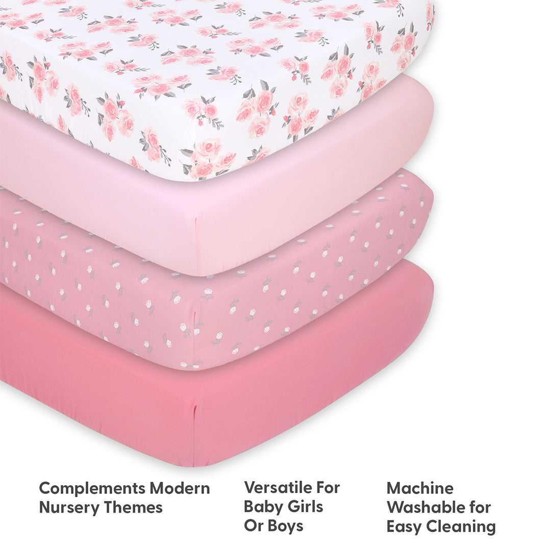 Pink Roses and Ditsy Floral 4-Pack Fitted Crib Sheet SetPink Roses and Ditsy Floral 4-Pack Fitted Crib Sheet Set
