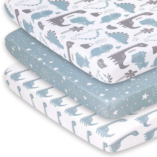 Blue Dino Fitted Playard Sheets, 3-Pack, Dinosaur Theme