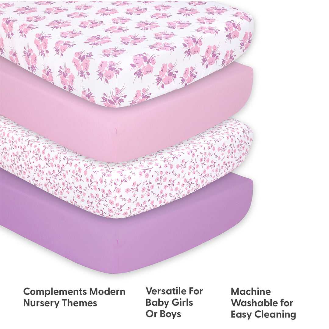Floral 4-Pack Fitted Crib Sheet Set, Pink and Violet