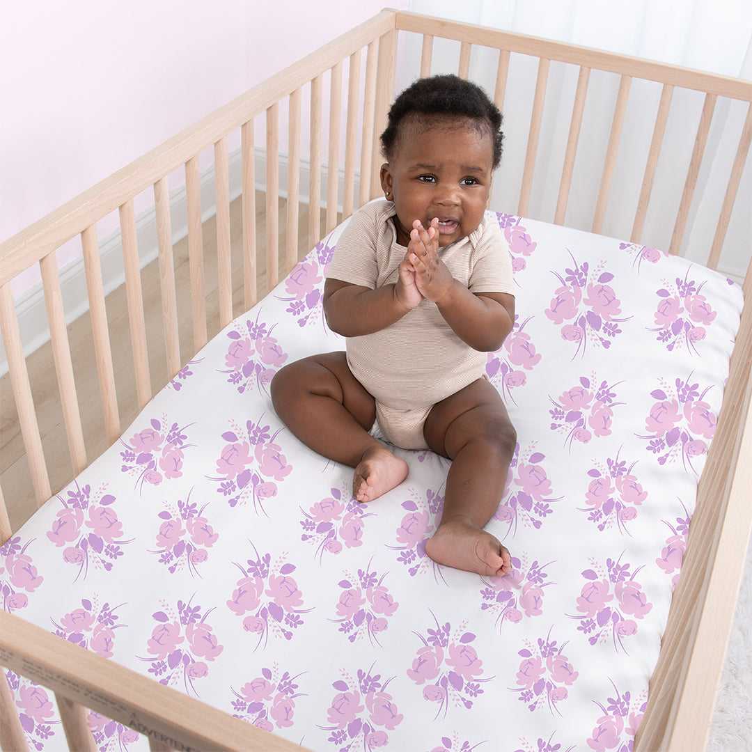 Floral 4-Pack Fitted Crib Sheet Set, Pink and Violet