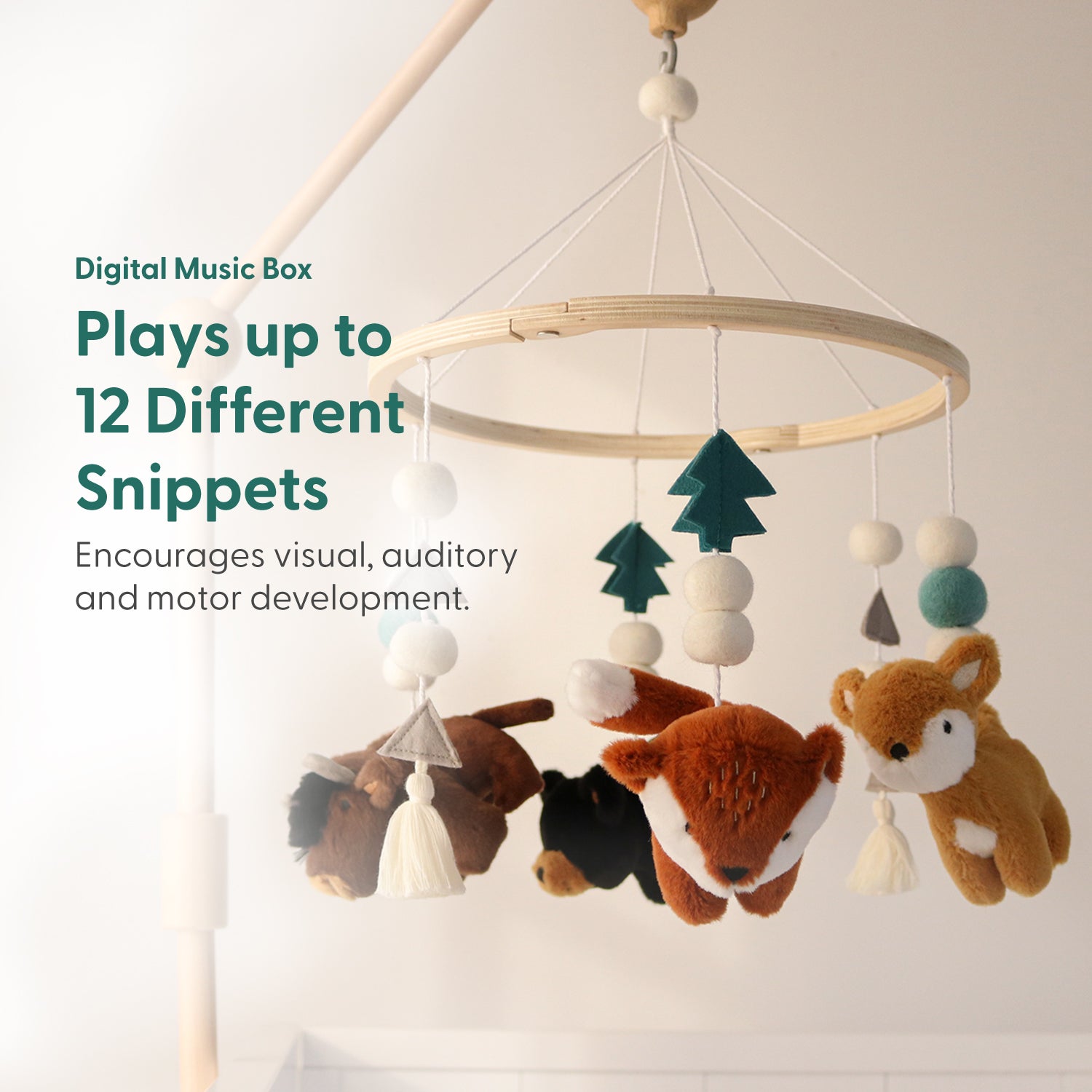 A digital music box with 12 different snippets hanging from it, featuring various animal-themed designs such as a bear, a fox, and a deer.