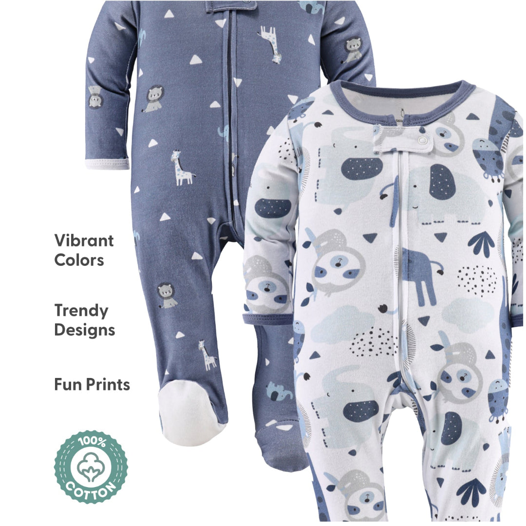 two baby onesies with different animal print patterns, including giraffes, zebras, and elephants. The onesie on the left has a blue and white color scheme, while the one on the right has a white and blue color scheme. The onesie on the right also has a zipper closure.