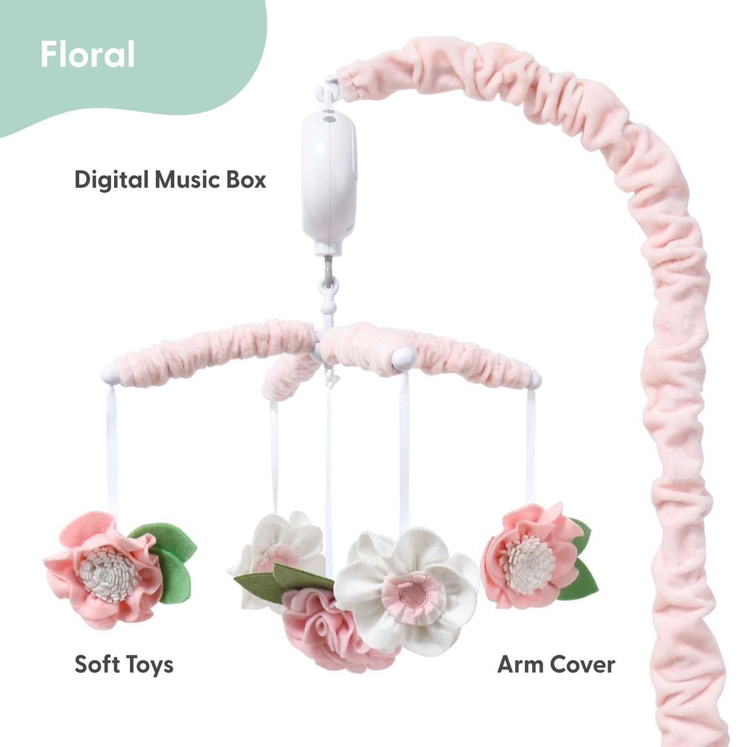 Pink Floral Baby Musical Crib Mobile for Girls - Main Image