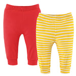 two pairs of children's pants, one red and one yellow, both with a striped pattern.