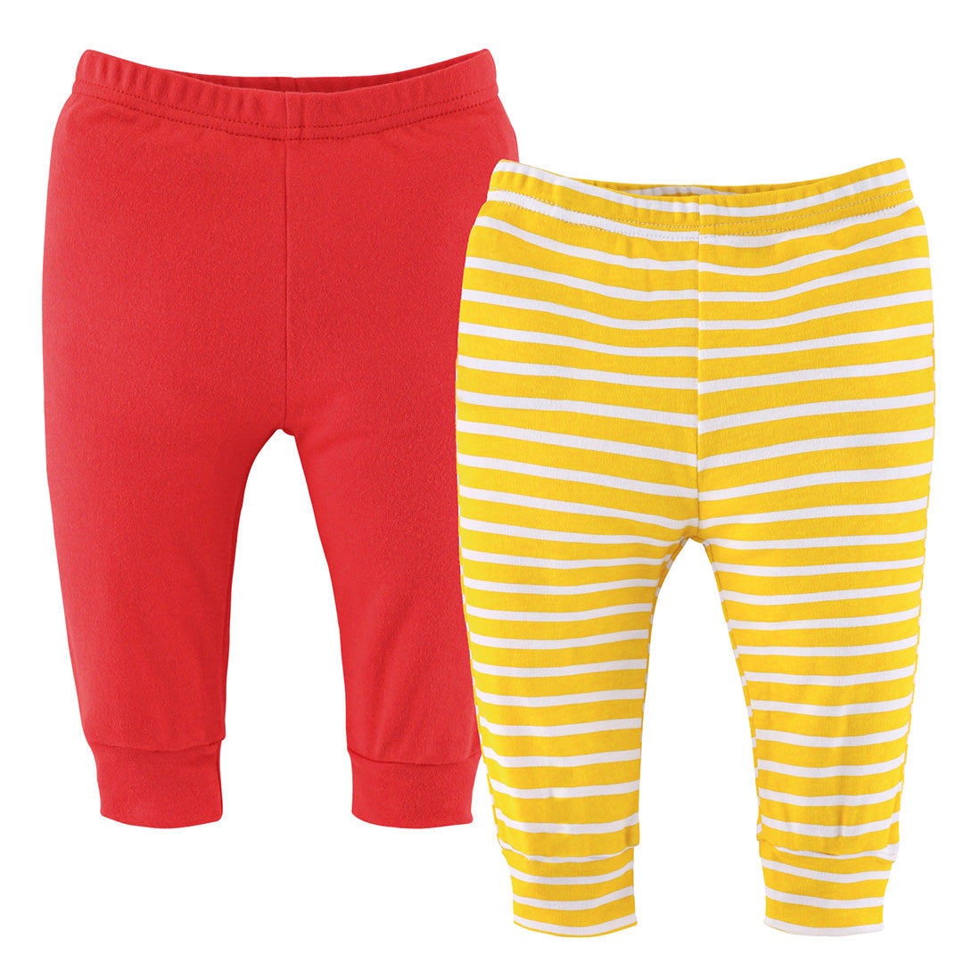 two pairs of children's pants, one red and one yellow, both with a striped pattern.