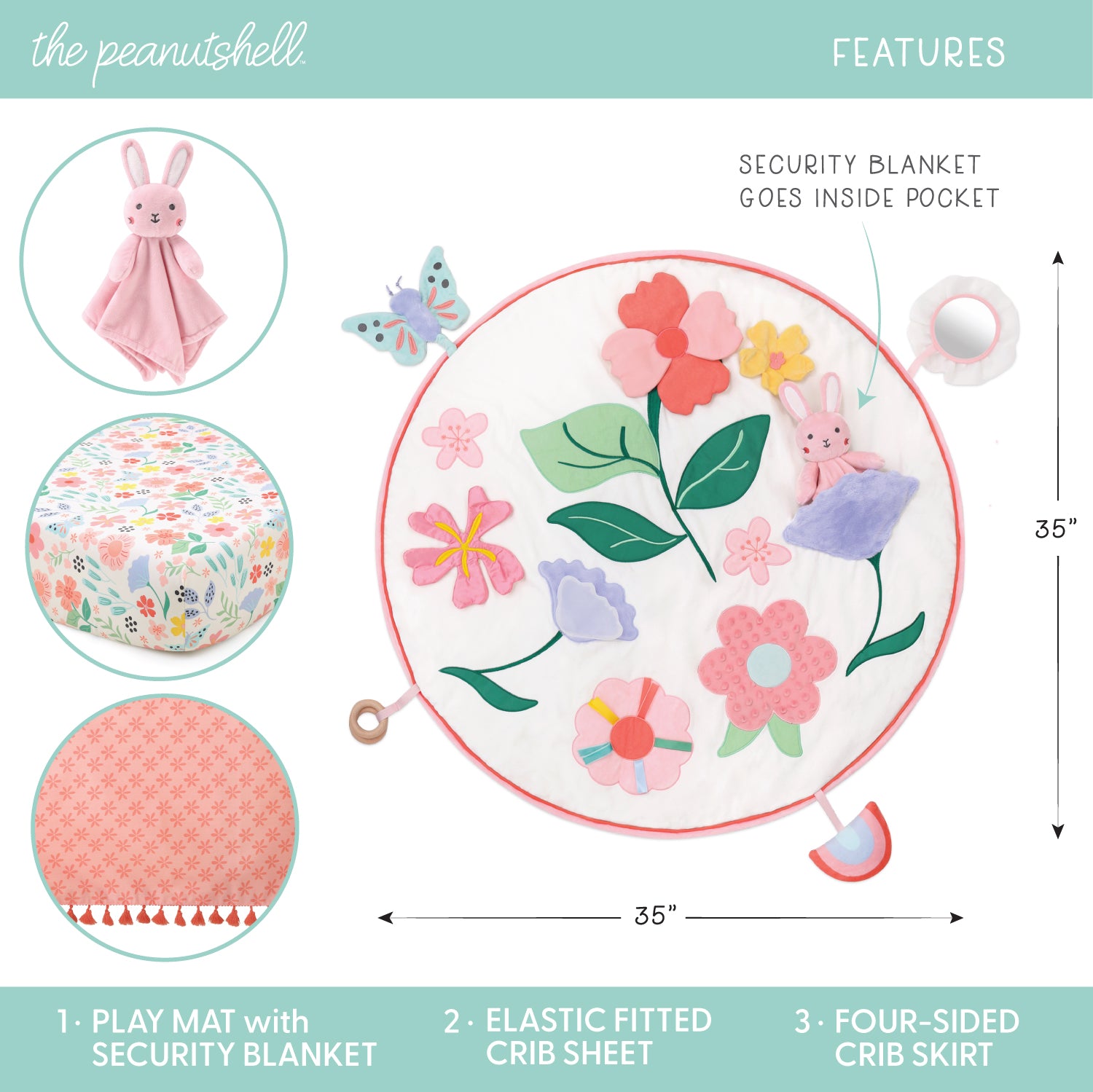 Floral 4-Piece Tummy Time Mat and Security Blanket Crib Bedding Set The Peanutshell