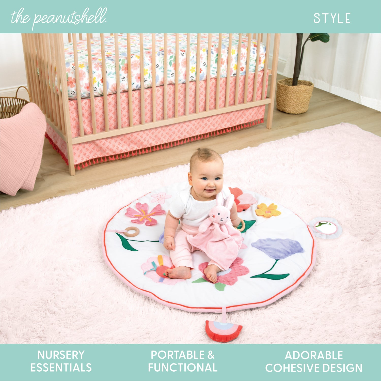 Floral 4-Piece Tummy Time Mat and Security Blanket Crib Bedding Set The Peanutshell