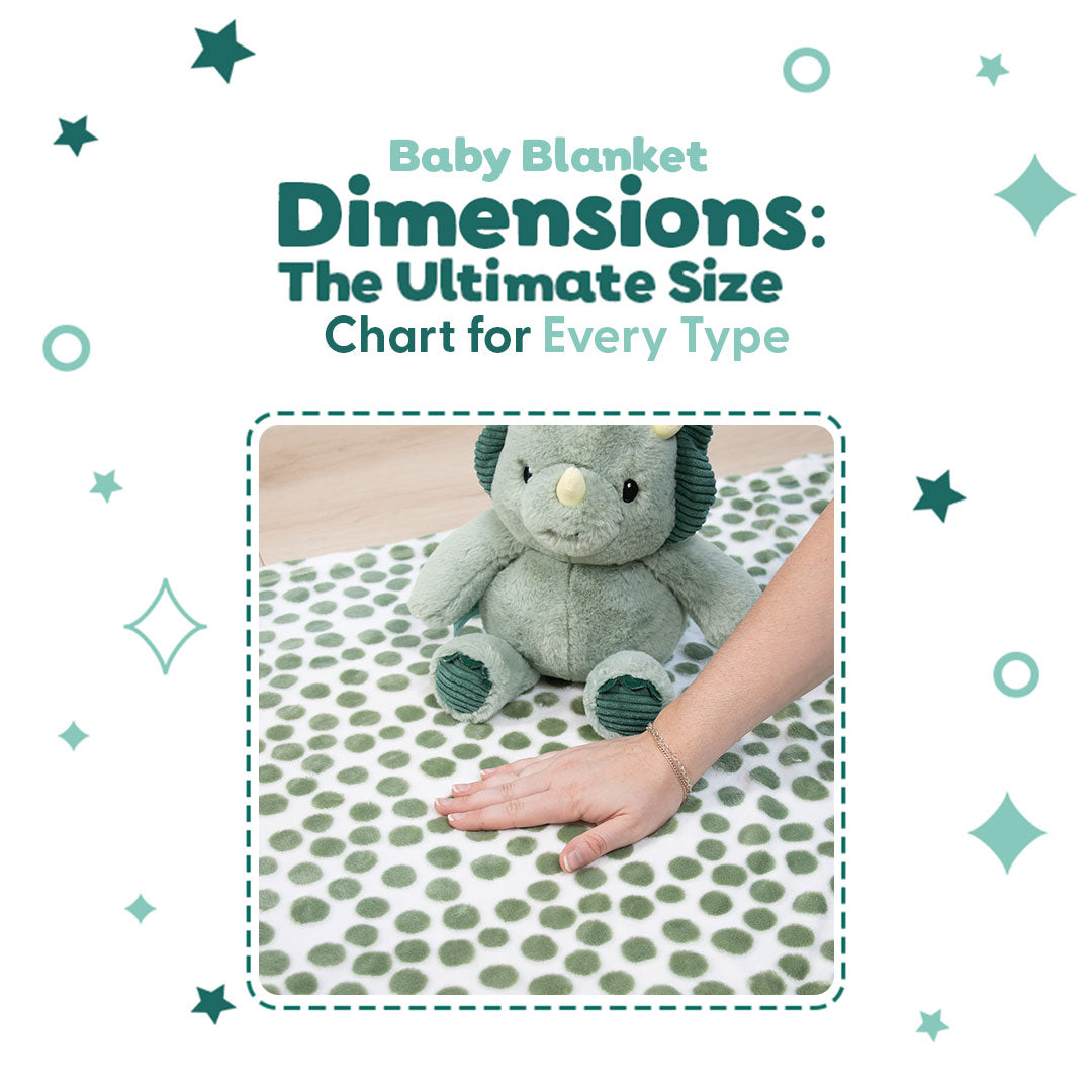 Baby blanket with green polka dots and a plush toy, with text about baby blanket dimensions.