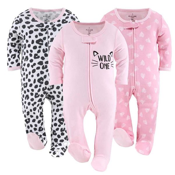Cheetah Hearts Baby Sleepers for Girls Set of 3