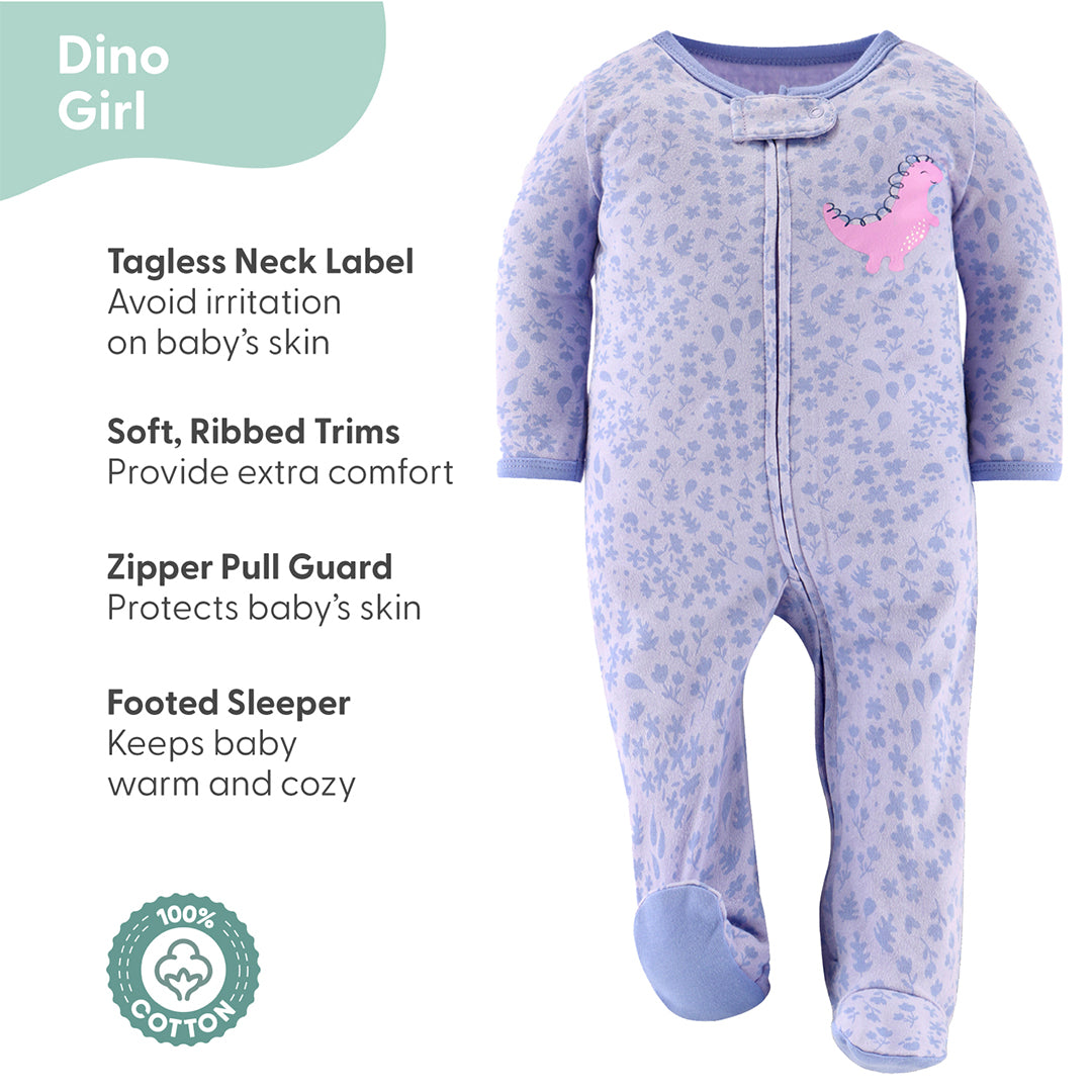 Rainbow Dinosaur Baby Sleepers for Girls Set of 3 Farallon Brands